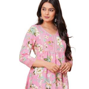 Women's Ethnic Printed Rayon Short Kurta | Stylish Round Neck V-Slit Straight Kurti | Comfortable, Office & Casual Kurta for Jeans, Leggings & Trousers